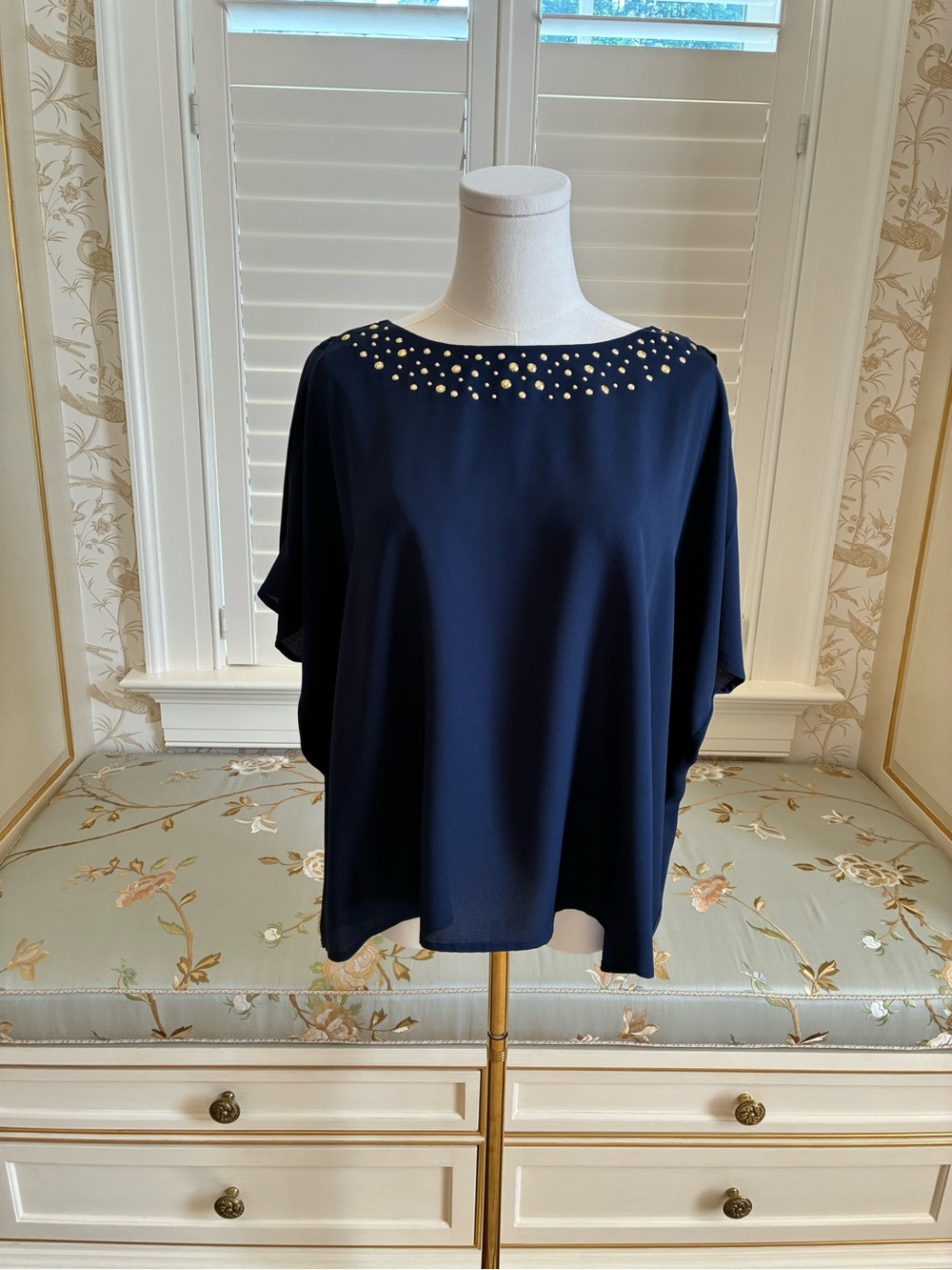Lilly Pulitzer Navy Blue Blouse with Gold Beaded Neckline